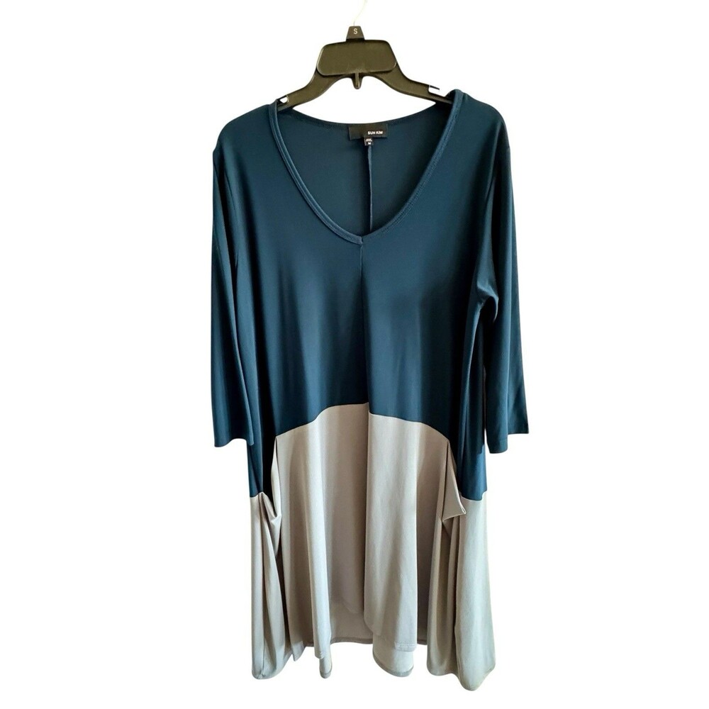Sun Kim Tunic Dress Teal Blue & Gray Colorblock Slouchy Pockets‎ Lagenlook M